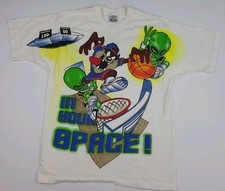 Vintage 1995 Looney Tunes Taz Basketball Alien Space Print T Shirt Rare 90s AOP