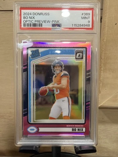 2024 Panini Donruss Rated Rookie Bo Nix #369 Optic Preview-Pink Prizm PSA 9