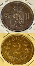 Norway 1876 2 Ore - Oscar II KM-353 Bronze aXF #Bx12 - US Seller