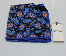 Roda NWT Wool Pocket Square In Black w/ Blue, Orange  White Paisley Geometric