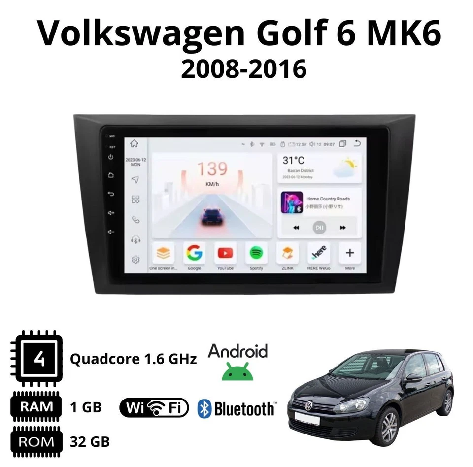 Autoradio Android 9" per VW Golf 6 GPS Navi Bluetooth WiFi CarPlay MirrorLink - Immagine 2 di 4