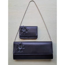 PURSE MATCHING COIN-Black Satin-Silver Chain-Clutch or Shoulder-Matching Set