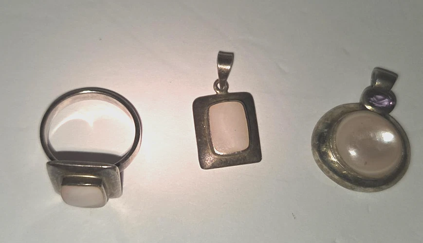 批量 3 925 银粉红色珍珠母紫色紫水晶吊坠 8 1/4 戒指 — 第 2/4 张图片