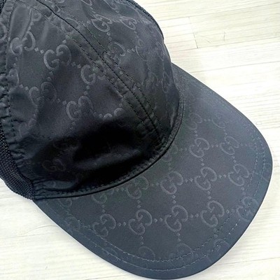 GUCCI Baseball Cap Interlocking GG Logo Black Nylon & Mesh Size M 58cm Authentic