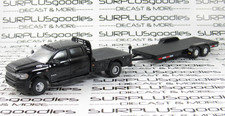Greenlight Black 2023 DODGE RAM 3500 Flatbed Dually Pickup w/Open Car Trailer