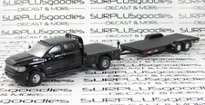 Greenlight Black 2023 DODGE RAM 3500 Flatbed Dually Pickup w/Open Car Trailer