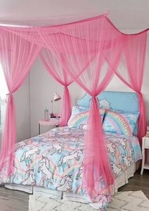 Justice Rectangular Big Pink Mesh Net Bed Canopy 90X74X66 w/Ceiling Hooks NWT