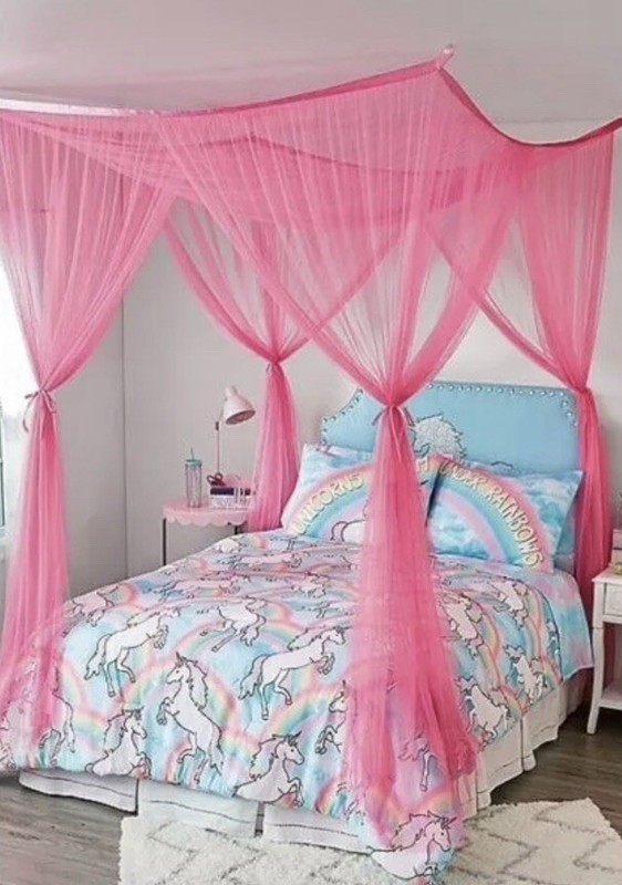 Justice Rectangular Big Pink Mesh Net Bed Canopy 90X74X66 w/Ceiling Hooks NWT