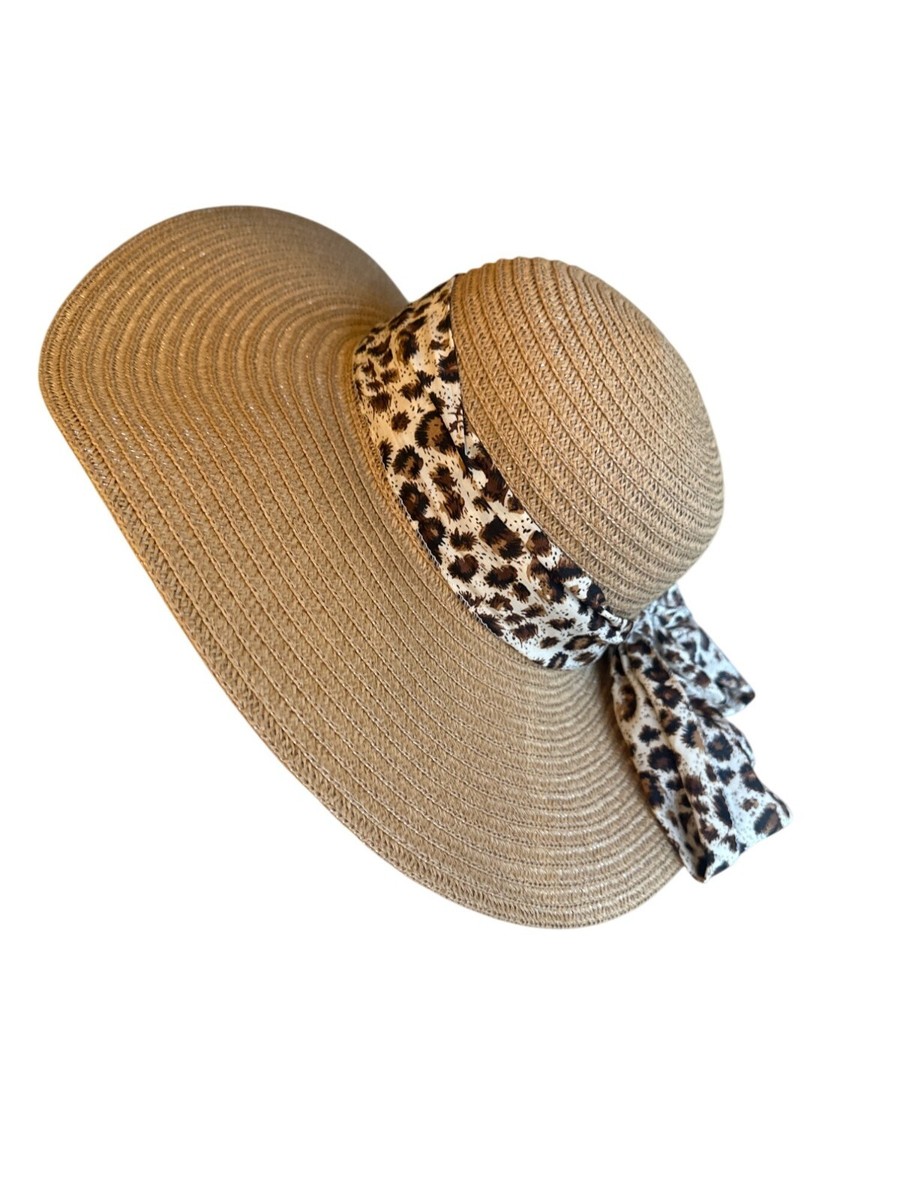 Wide Brim Straw Sun Hat With Leopard Print Ribbon Bow By 