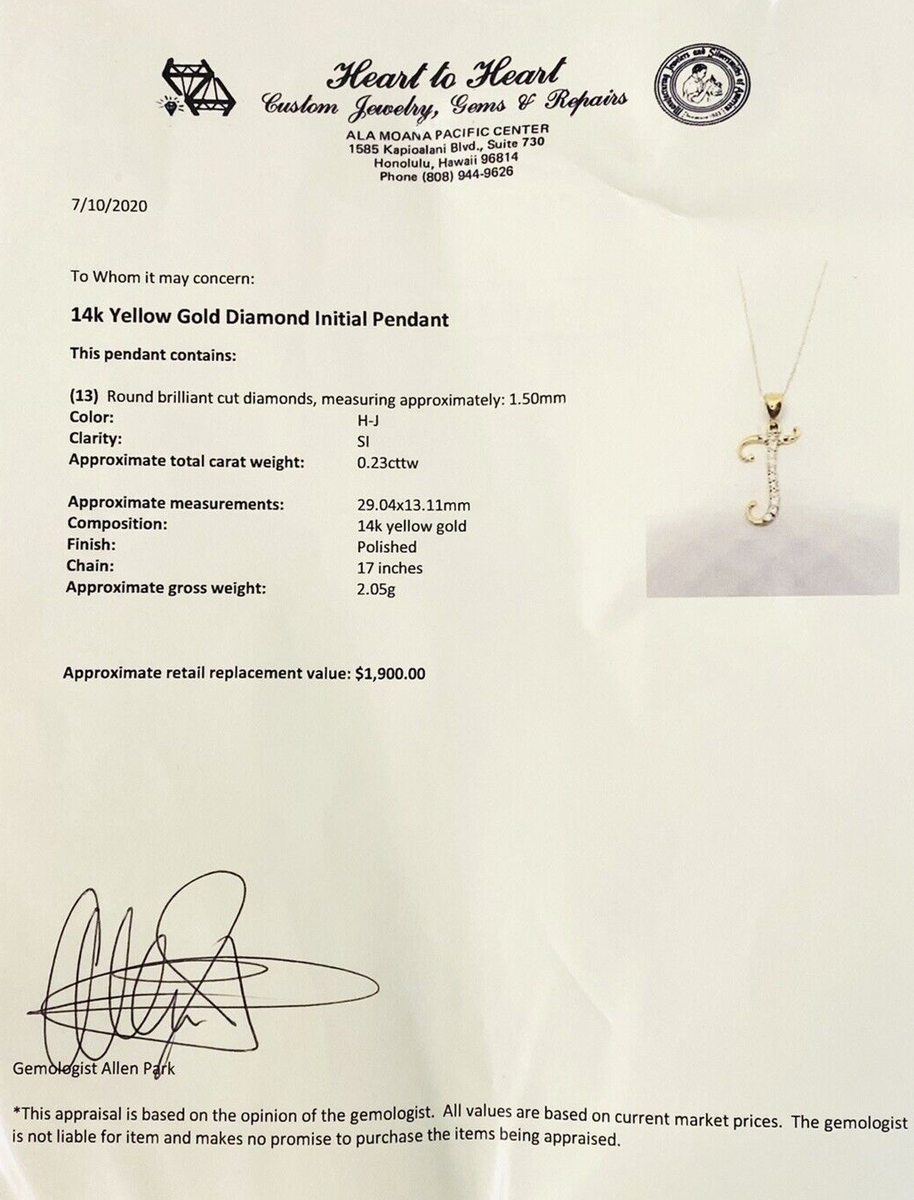 GG Certified 14K Yellow Gold 0.23ctw Diamond 29mm T Letter