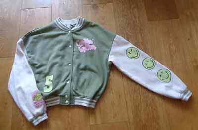 H M Girls Green/Cream Smiley World Bomber Jacket Motifs Size  12/14years UK