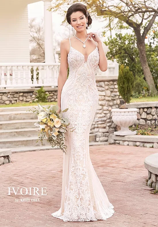 Beautiful Low Back Sheath Wedding Dress by Kitty Chen Ivory 6 NWT | eBay
