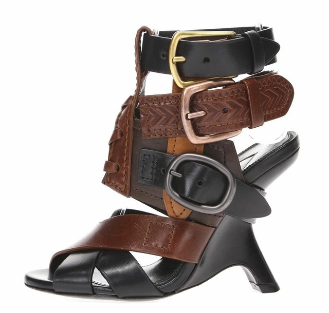 NWT TOM FORD Womens Black & Brown Leather Multi Strap Wedge Sandals 38 | eBay
