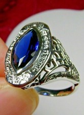 Blue Sapphire Ring, Marque Gem, Bezel Sterling Silver Filigree Custom-Made D55