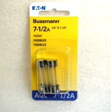 Bussman BP/AGC-7-1/2A-RP  1/4" x 1 1/4"  7-1/2 Amp Glass Fuses