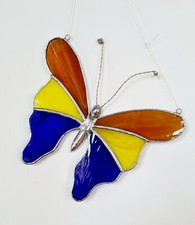 Motyl żółty/brązowy/niebieski, obraz okienny Tiffany, 18 szerokości 16 wysokości ręcznie robiony