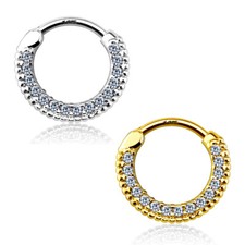 14KT Solid Gold 14G 16G Septum Clicker Nose Rings with Round Paved CZ Gems Jewel
