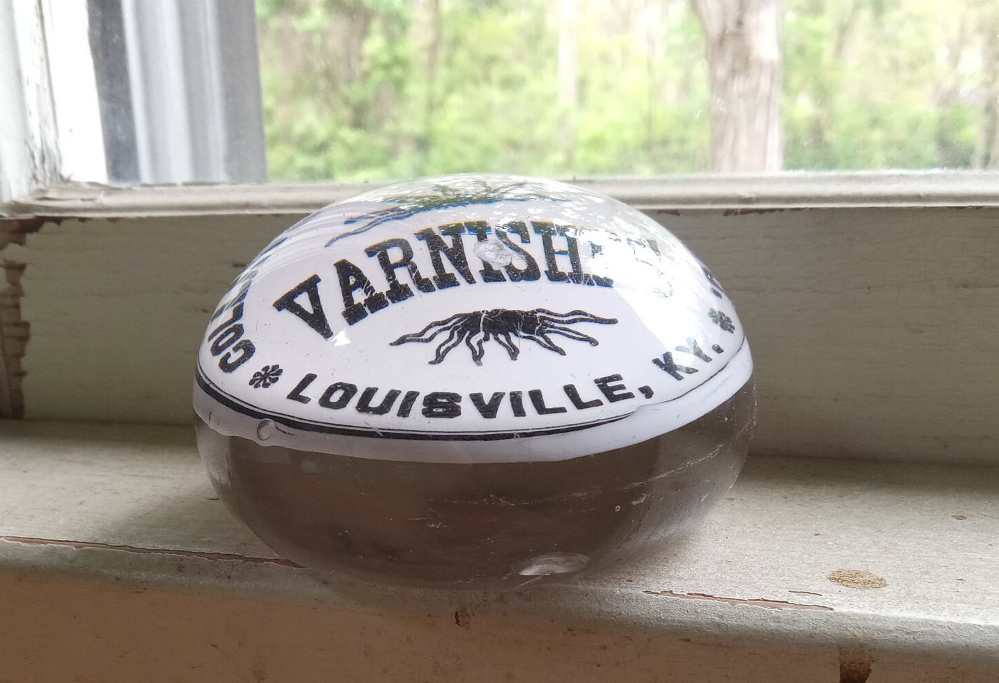 1890s COLLINS VARNISH CO LOUISVILLE,KY ANTIQUE GLASS ADVERTISING PAPERWEIGHT
