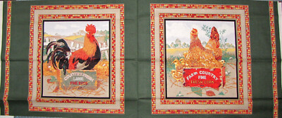 Farm Country Rooster Fabric 17''X44'' Panel Chickens Chicks Green Cotton