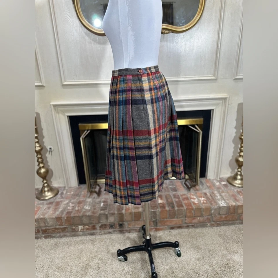 Saia midi plissada xadrez vintage Sears multicolorida mistura de lã tamanho 14 ILGWU - Imagem 4 de 4