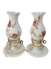 2 Vtg Victorian Milk Glass Lamps Hand Painted Cabbage Roses Electric Hurricane