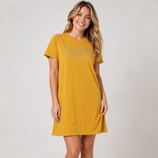 Calvin Klein T-Shirt Dress Women Small Yellow Embellished Logo Short Sleeve Mini