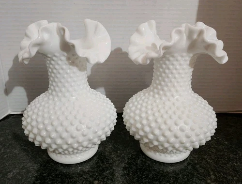 VINTAGE FENTON MILK GLASS HOBNAIL VASES - RUFFLE CRIMPED RIM EDGE - SET OF TWO
