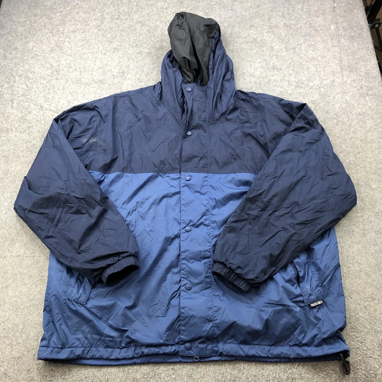 Cabela's Jacket Mens XL Blue Hooded Packable Windbreaker Coat Outdoor Gear Nylon