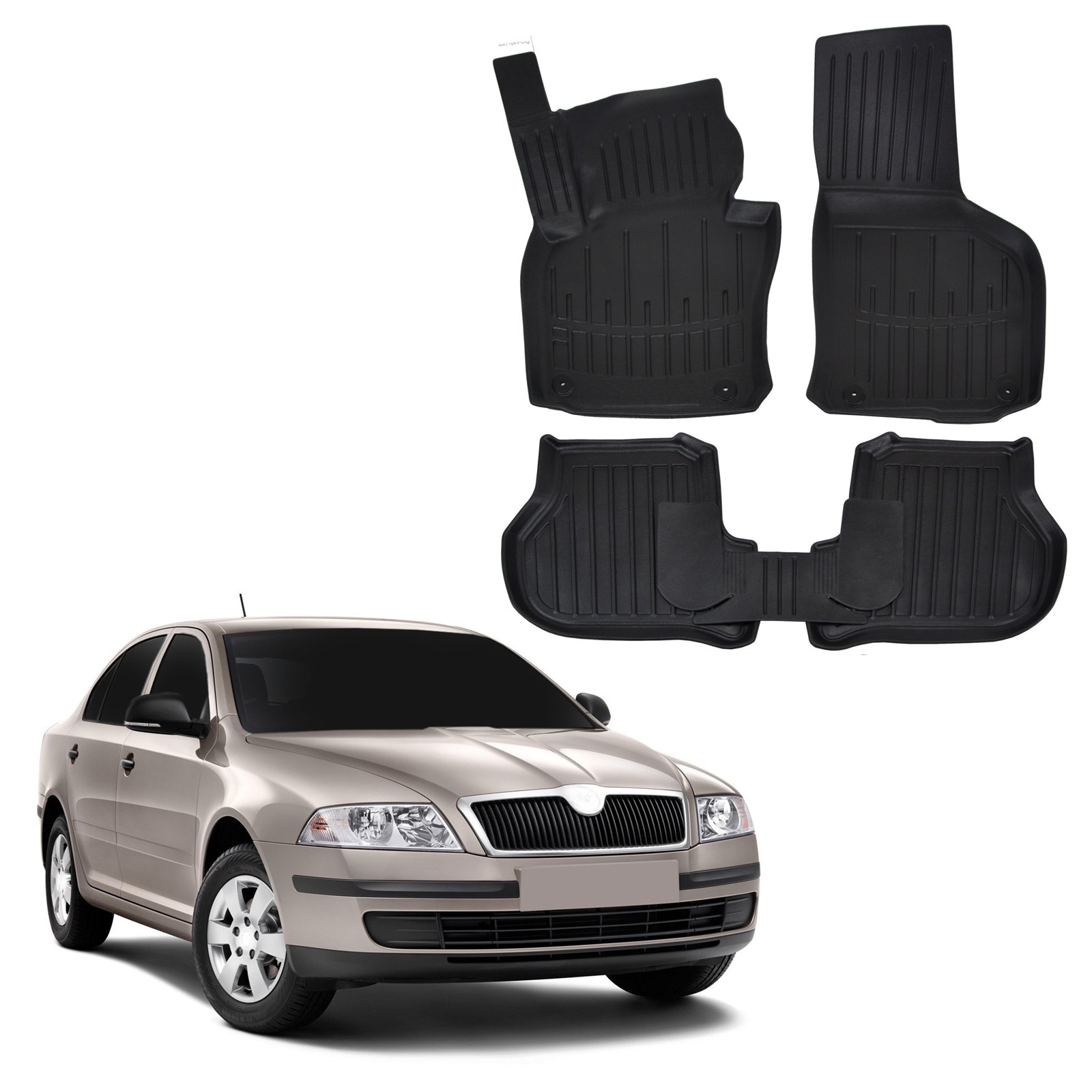 Tapis de sol en caoutchouc 3D pour Skoda Octavia 2 de 2004 à 2012 sur mesure noir