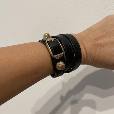 Used BALENCIAGA Giant Bracelet Black Gold Studs Leather No