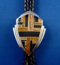 SuperSmith NAVAJO Sterling Silver Brown Inlay SHIELD BOLO Tie SIGNED, Cord Tips