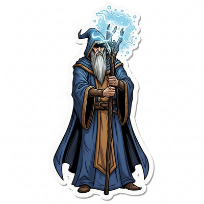 Wizard Mage Vinyl Sticker   Blue Robe Magic Staff   Fantasy RPG Art