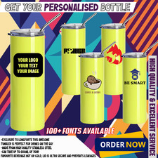Personalised Custom Water Bottle Slim Stainless Steel Yellow Tumbler Metal Straw