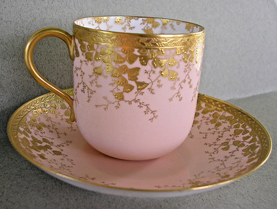 Mintons Ovington Bros Demitasse Set Pink Gold Gilt Floral Porcelain England