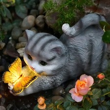 Solar Garden Statue Cat,Garden Figurine Outdoor Decoration with Cat Holding B...
