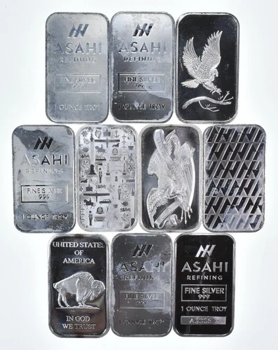 Lot (10) 1 Oz Silver Bars Random Designs/Companies