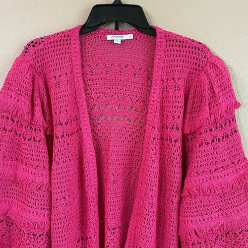 Chicos Size 3 US XL Fuchsia Pink Crochet Tiered Fringe Sleeve Cardigan Sweater - Picture 5 of 9