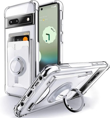 Clear Minimalist Wallet Case with Card Holder & Ring Kickstand for Pixel 6A 5G