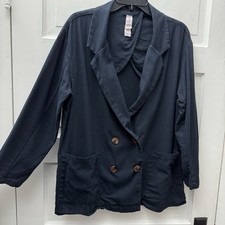 AMADI Navy Linen Blend Blazer Jacket Open Front Casual Lightweight M