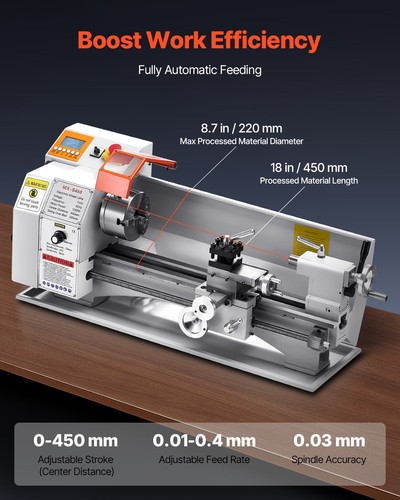 VEVOR 1250 W 2500 RPM Torno de Metal de 220 x 450 mm con Alimentación Automática - Imagen 4 de 12