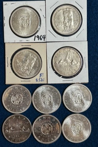 Lot of 10 Canada Silver 1 Dollar Fineness .800 Various Dates ASW 6 Oz
