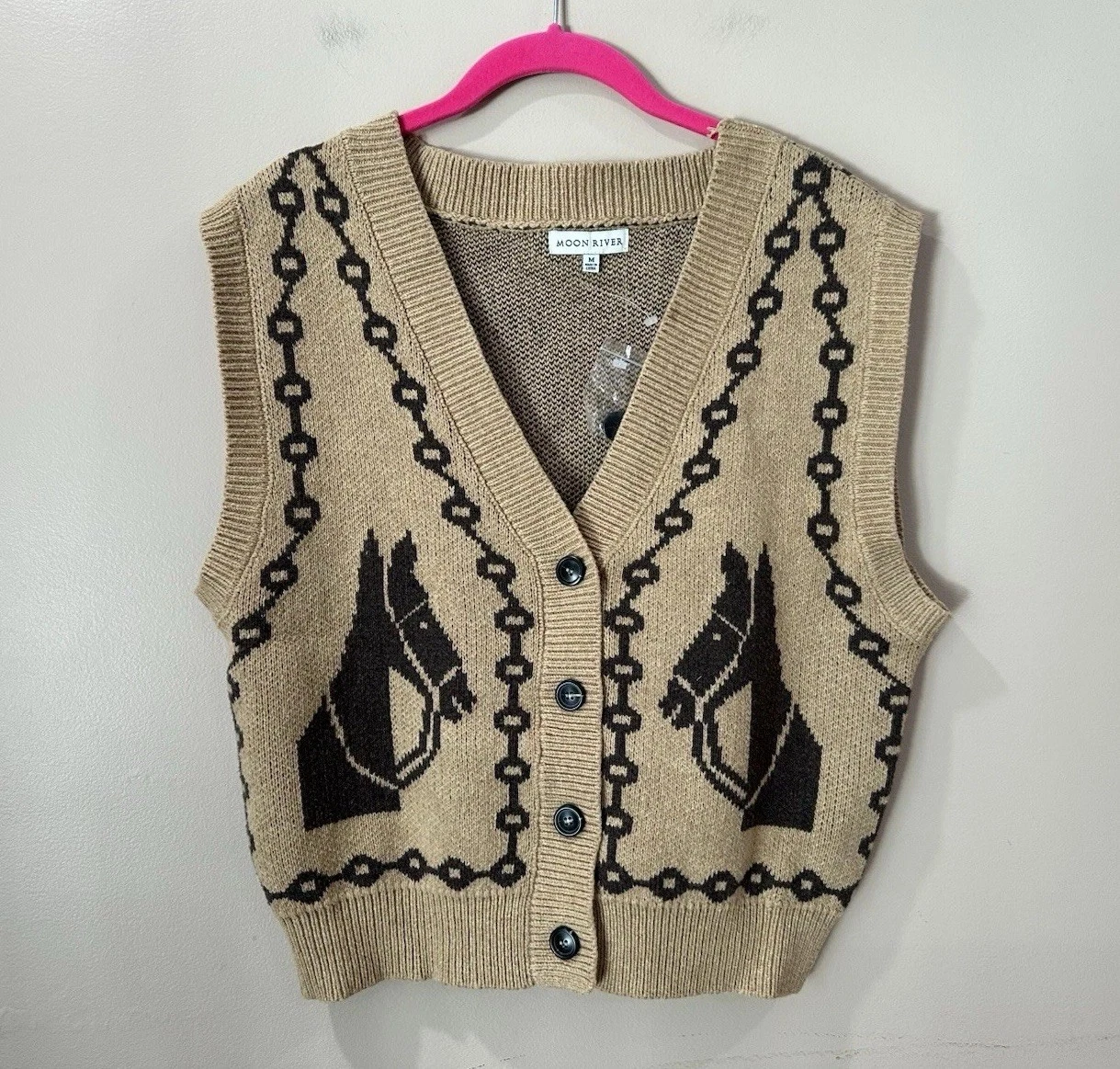 Moon River Jacquard V-Neck Knit Cardigan Sweater Vest Waistcoat Tan Women’s M