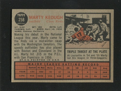 #258 MARTY KEOUGH, Reds - 1962 Topps: NM, pack fresh, good gloss 220845e - Picture 2 of 3