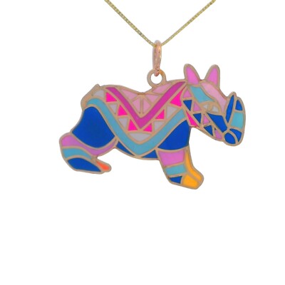 14k Solid Gold Rhino Pendant Animal Hand-Painted Necklace, Enamel Charm,  585