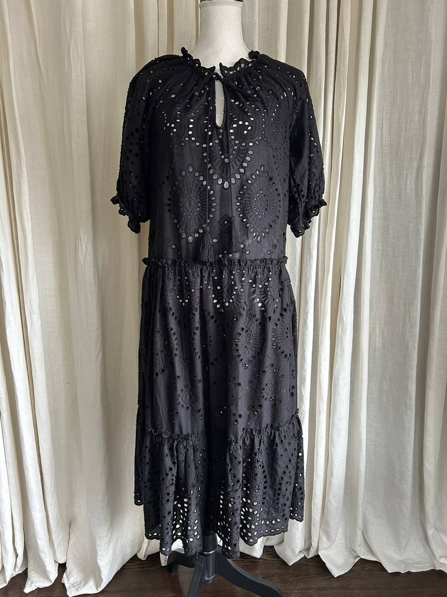 OPT Anthropologie Black Eyelet Short Sleeved Drop Waist Boho Cotton MIDI  Dress S | eBay