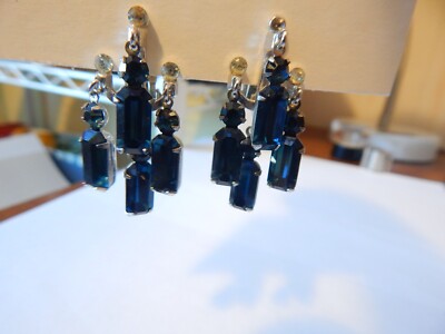 VTG 1950S 60S PAIR EARRINGS SILVER TONE BLUE STONE DINGLE DANGLE CLIP TYPE AS IS