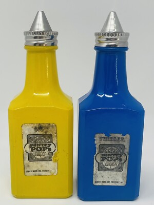 Vintage GEMCO Yellow Blue Oil & Vinegar Pantry Pops Glass Kitchenware