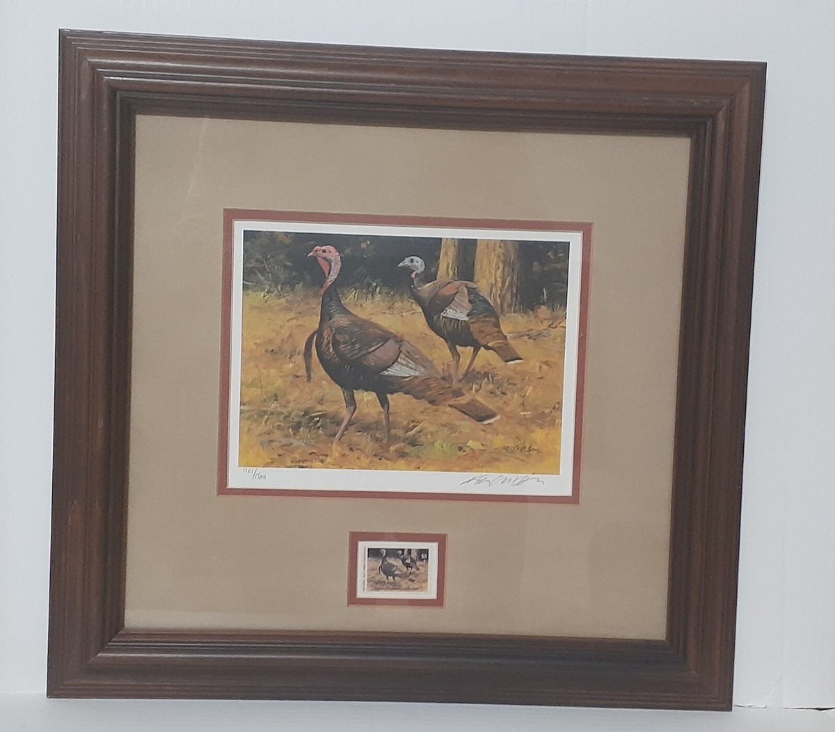 Wild Turkey サイン入りフレームアート Ken Carlson 1986 Arkansas Wild Turkey NWTF Stamp Print - New