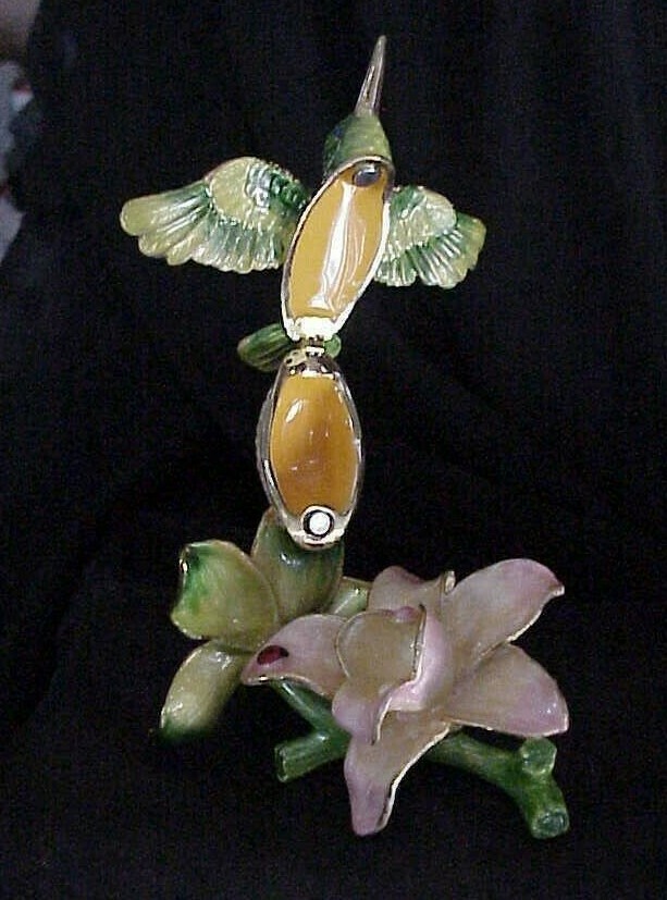 Green Hummingbird atop Flower w/ Lady Bug Trinket Box Ring Jewelry Storage