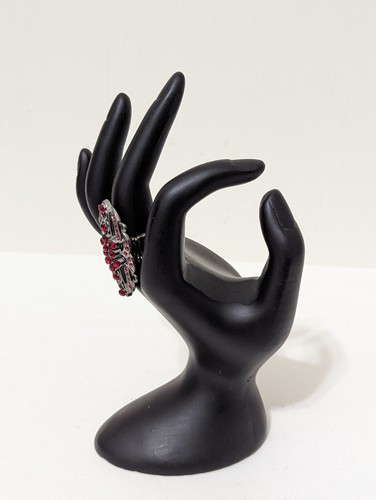 Oversized Fashion Red Rhinestone Silver Statement Cocktail Stretch Ring  - Picture 3 of 6
